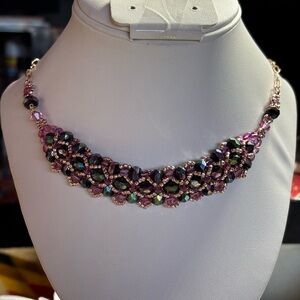 Handcrafted Black Aurora Borealis Necklace with Pink Czech Crystals 16.5 inches
